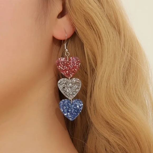 Patriotic Red White & Blue Acrylic Glitter Hearts Dangle Earrings - Picture 2 of 2